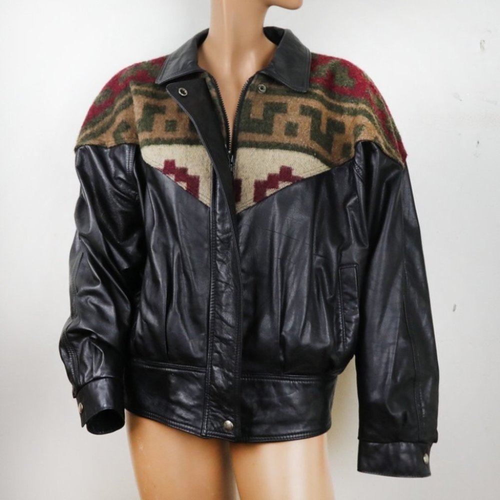 Vintage 90s  Wool Aztec Black Leather Jacket